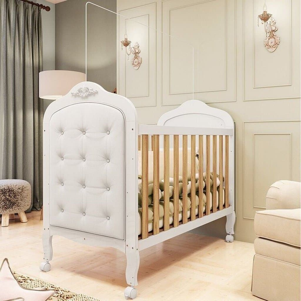 Berço Mini Cama 3 em 1 com Capitonê 100% MDF Maya Espresso Móveis Branco Brilho/Amêndoa Branco Brilho/Amêndoa