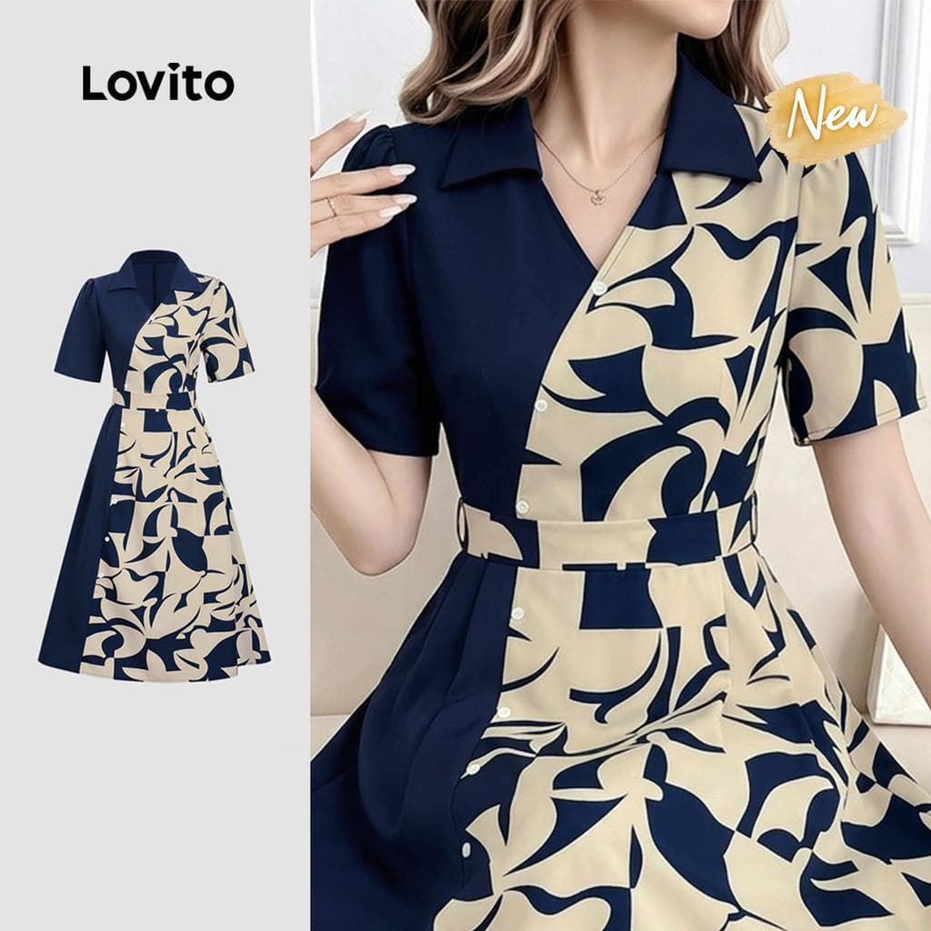 (New Arrival) Lovito Vestido Elegante com Botões Padrão Geométrico Bicolor Azulescuro para mulheres DRB199P2D552