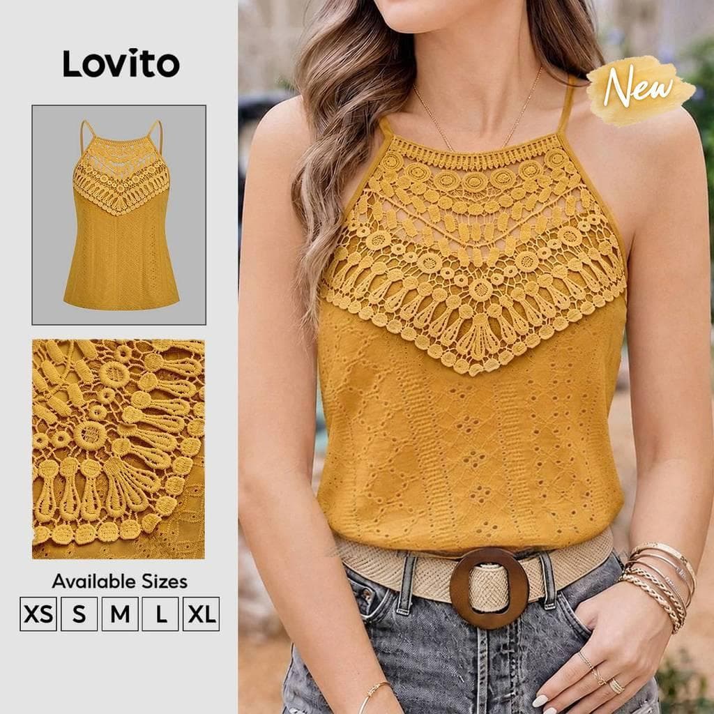 (New Arrival) Lovito Top Boho Plissado Renda Primavera/verão Top de Açafrão para Mulheres Bordado TKK8P1D724