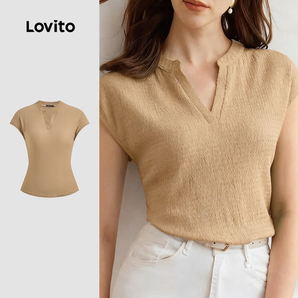 Lovito Casual Camiseta Simples Clássica e Versátil Lazer Primavera/verão Camiseta Caqui L155ED1690