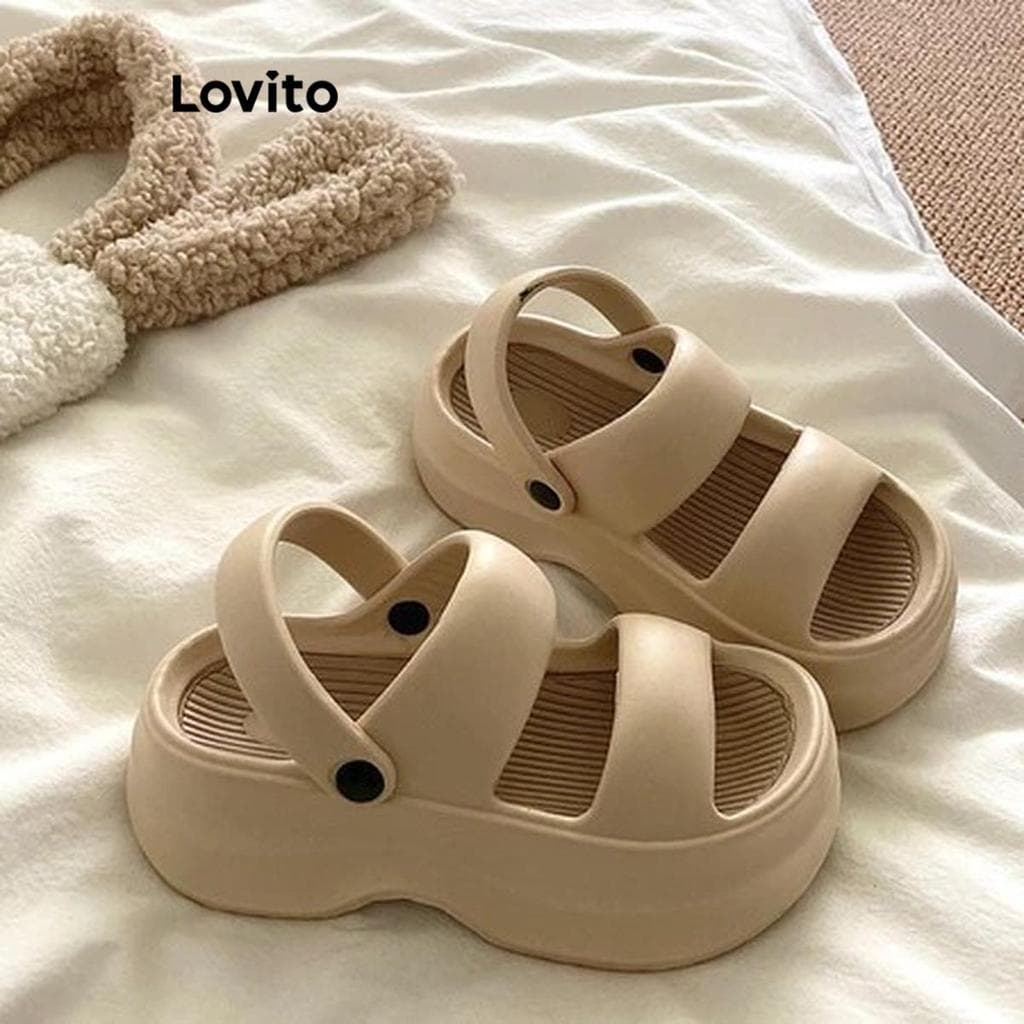 Lovito Plataforma Casual Sandália Plana Lisa De 6 Cm Com Alças Duplas Eva Antiderrapante Para Mulheres LFA59260