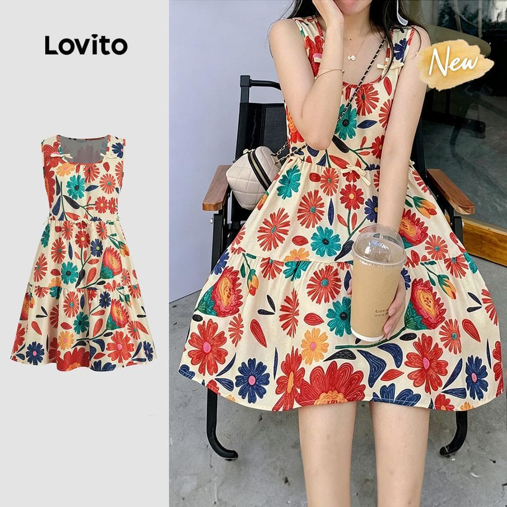 (New Arrival) Lovito Vestido Boho com Flores Estilo Resort e Lazer Vestido de Primavera/verão para Mulheres L199ED478
