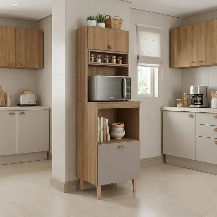 Paneleiro Torre Quente com Nichos para Microondas e Forno 198cm Marti Yescasa Mel/Cinza