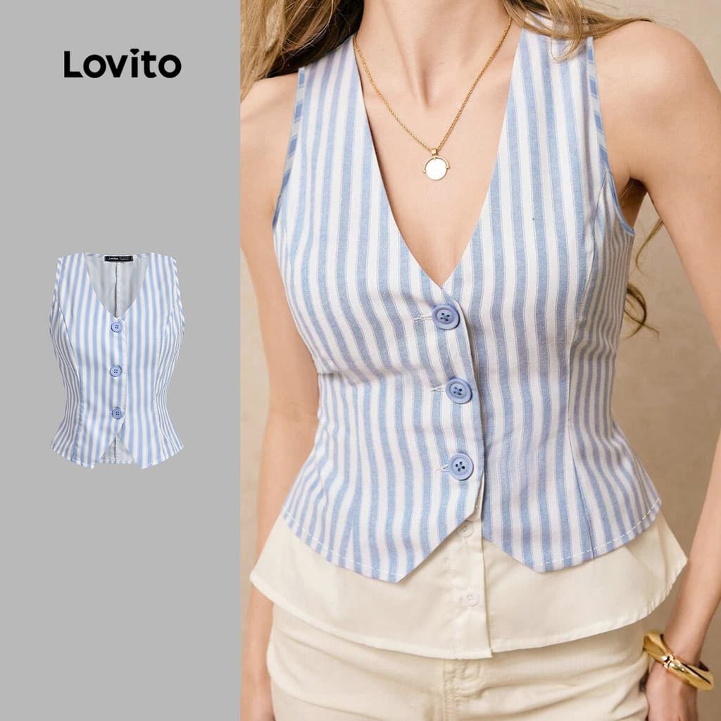 Lovito Elegante Blusa de Botões No Topo com Abertura Frontal para Primavera/verão Azul para mulheres L138AD878