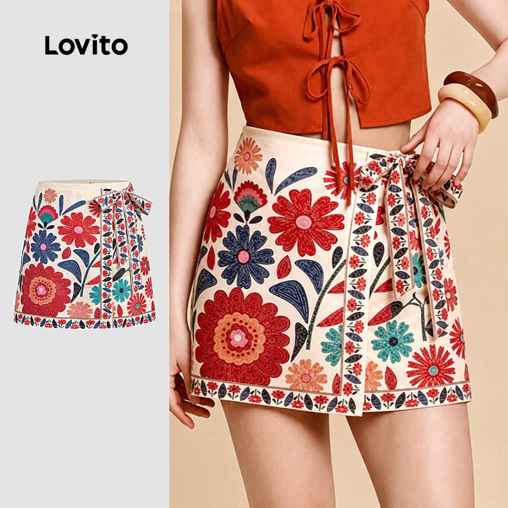 (New Arrival) Lovito Saias Casuais Estampa Assimetria Saias de Primavera/verão para Mulheres L195AD082