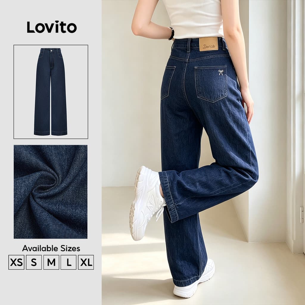 Lovito Casual Calça Jeans Com Bolso Bordado E Laço Perna Larga E Solta Azul Escuro Para Mulheres L135AD1218