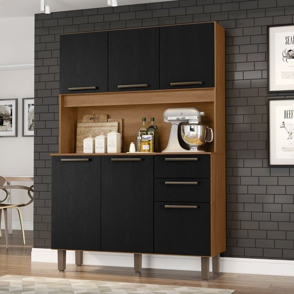 Armário para Cozinha 6 Portas 2 Gavetas 120cm Preto/Cinamomo/Catedral Cinamomo/Preto