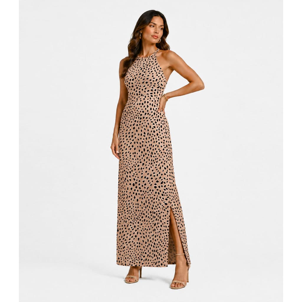 Vestido Longo Estampado Sem Manga Infinita Cor Marrom