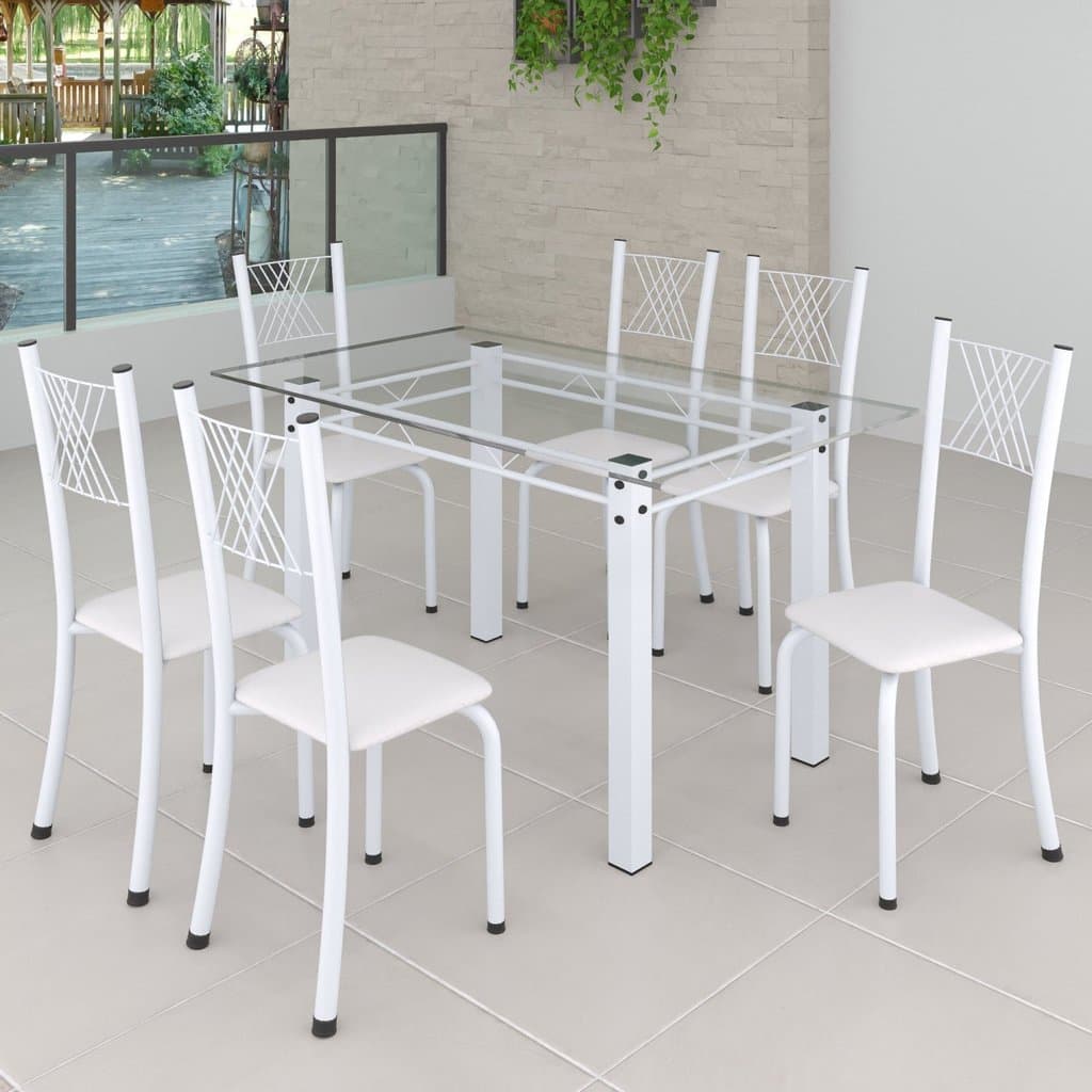 Conjunto de Jantar Mesa 140x75cm Tampo de Vidro Incolor com 6 Cadeiras Sara Yescasa Branco/Liso Branco/Branco