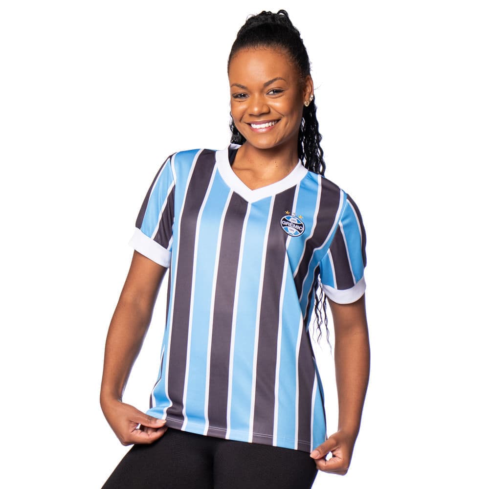 Camisa Feminina Betel Grêmio Mundial 1983 Gola V Azul/Preto