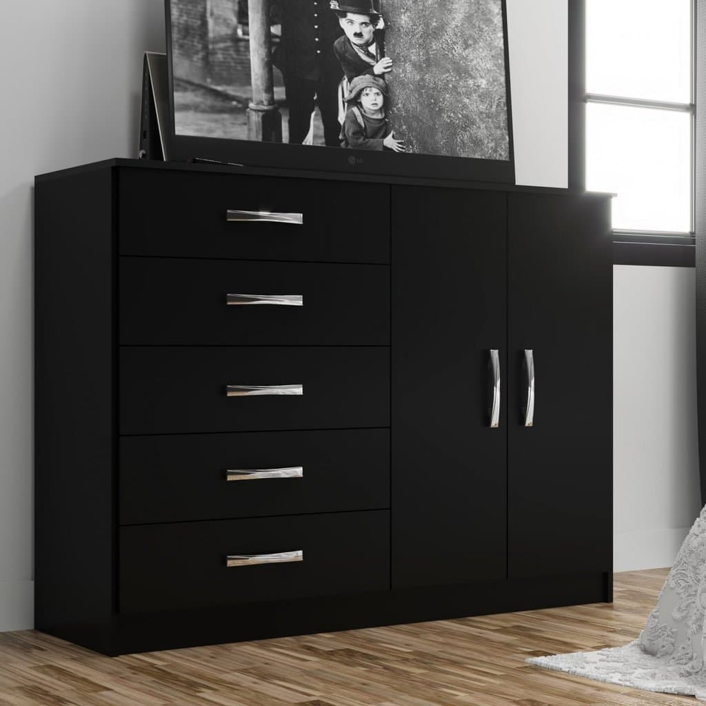 Cômoda 2 Portas 5 Gavetas Black Preto Preto