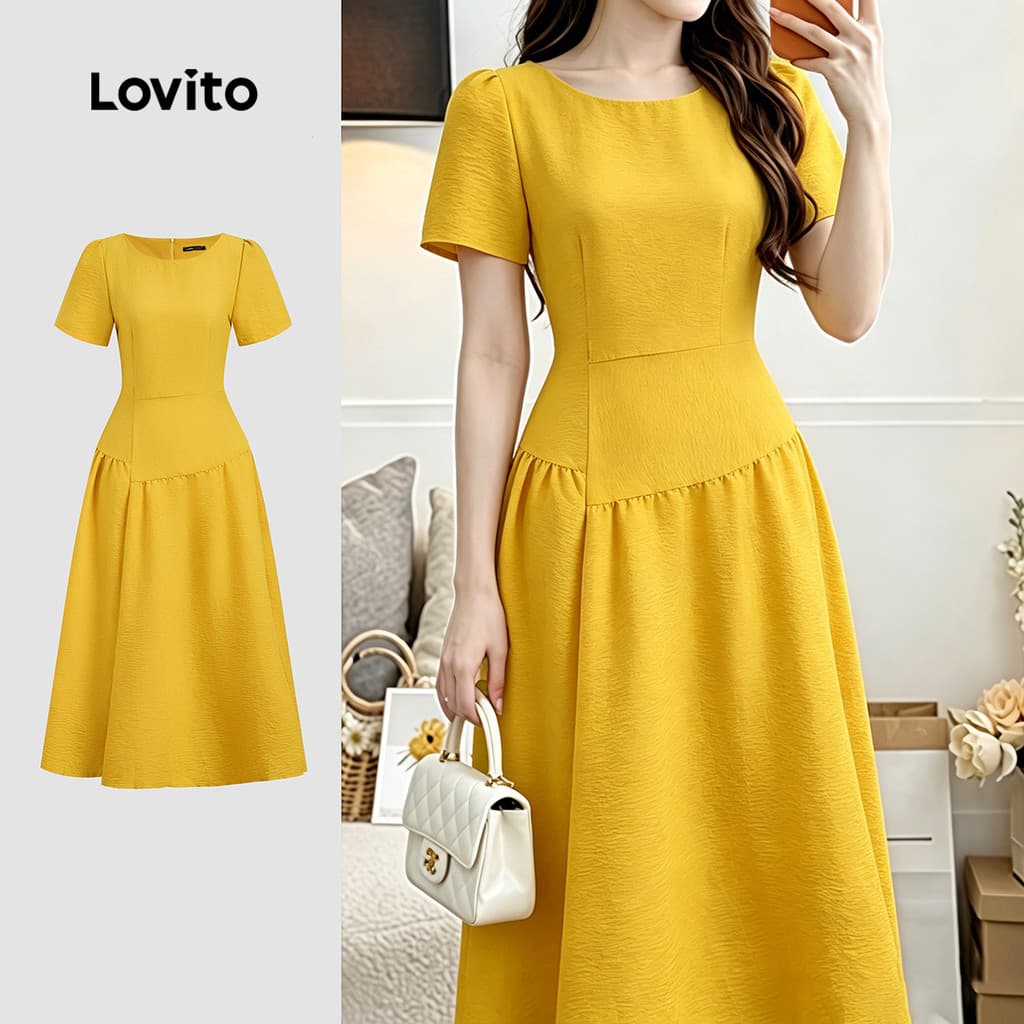 (New Arrival) Lovito Vestido Elegante Assimétrico Vestido de Açafrão Primavera/verão para mulheres LK7ED1396