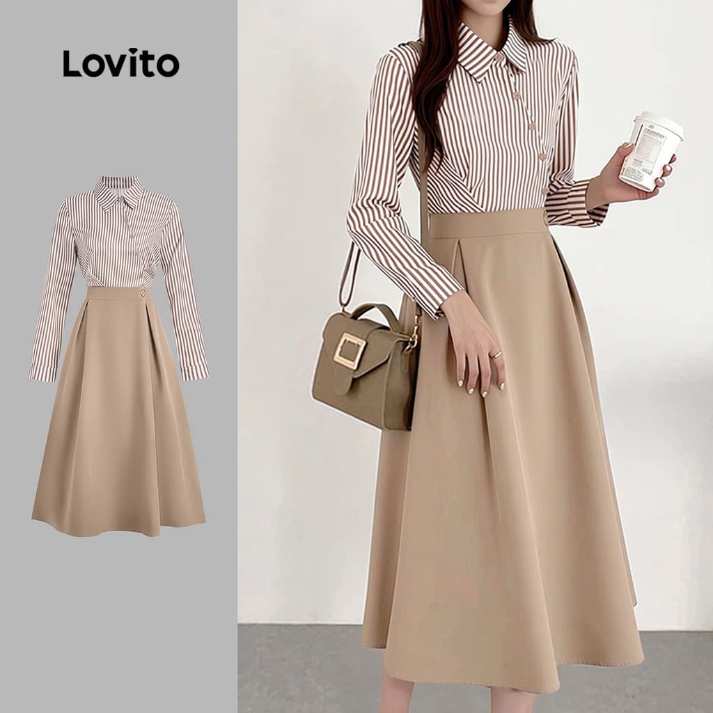 (New Arrival) Lovito Vestido Casual Assimétrico com Botão Outono/inverno Cáqui para Mulheres LBL36077
