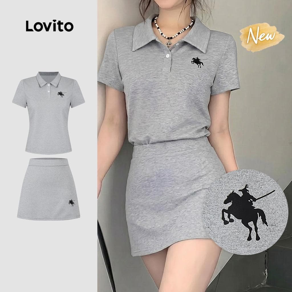 (New Arrival) Lovito Conjunto Casual de Saia Primavera/verão Cinza para Mulheres L198ED391