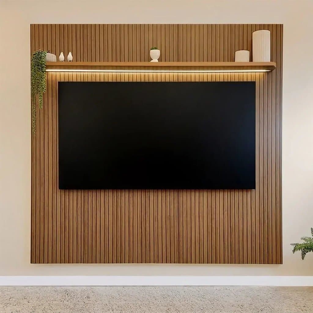 Painel para TV até 75 Polegadas Efeito Ripado com LED 183x185,5 cm Liverpool Yescasa Marrom Pinho Ripado