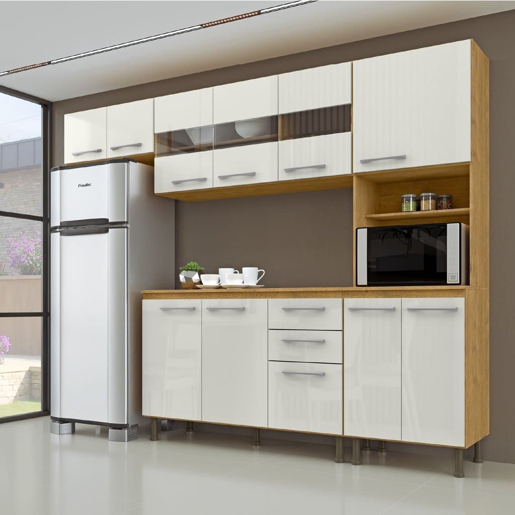 Cozinha Compacta 4 Peças Balcão com Tampo 3 Portas de Vidro Lara Yescasa Marrom/Sinai/Branco