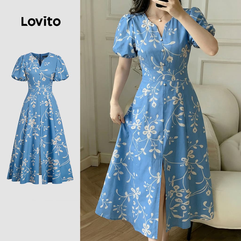 (New Arrival) Lovito Vestido Casual com Botões Pregas Estilo Resort Primavera/verão Azulcinza para mulheres L196ED945