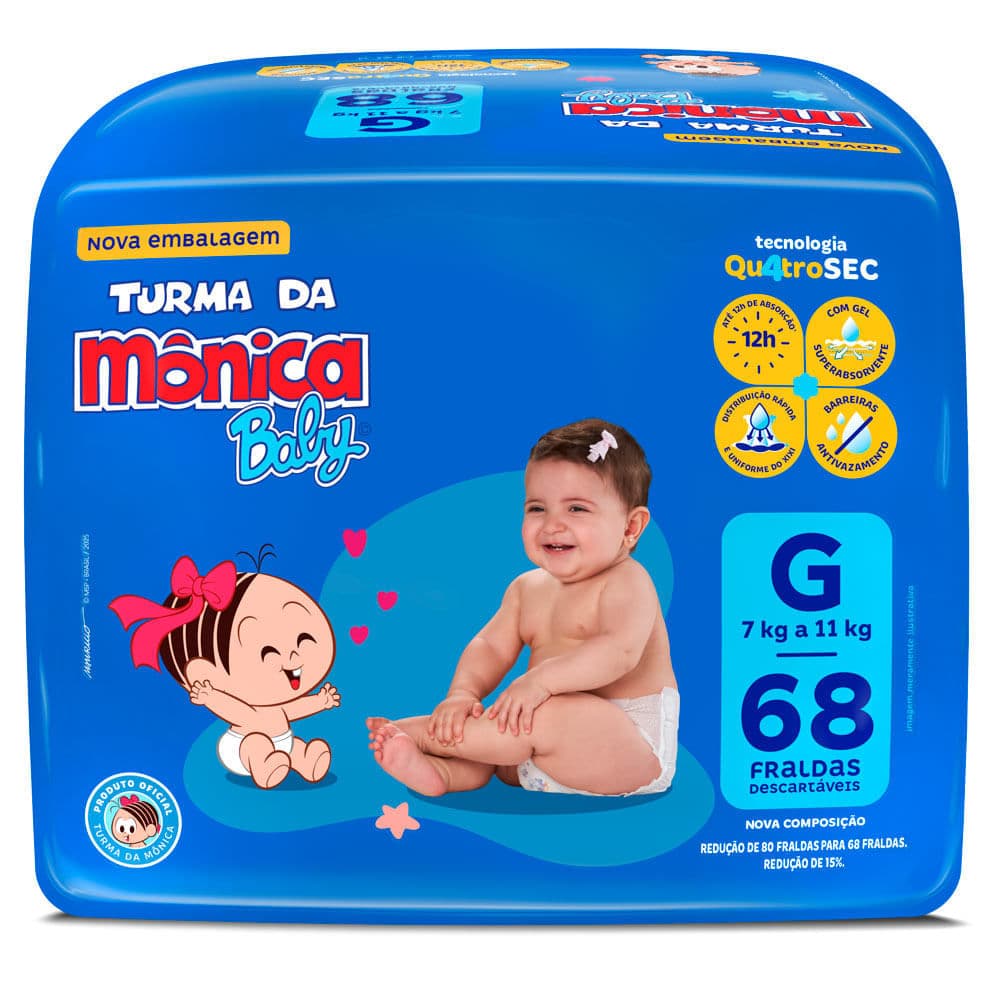 Fralda Turma da Mônica Baby Qu4troSEC Tamanho G 68 Unidades Descartáveis