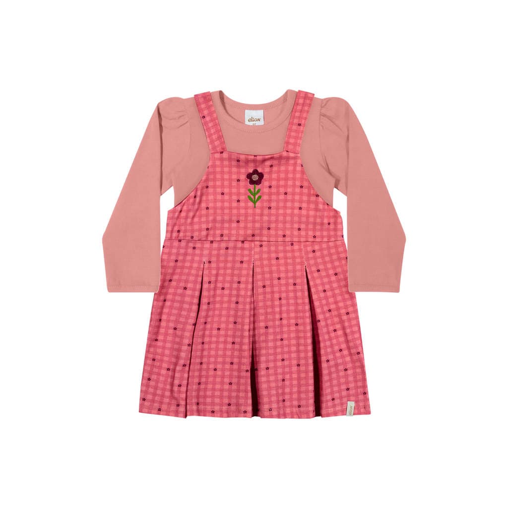 Conjunto Infantil Menina Xadrez Bordado Elian Rosa
