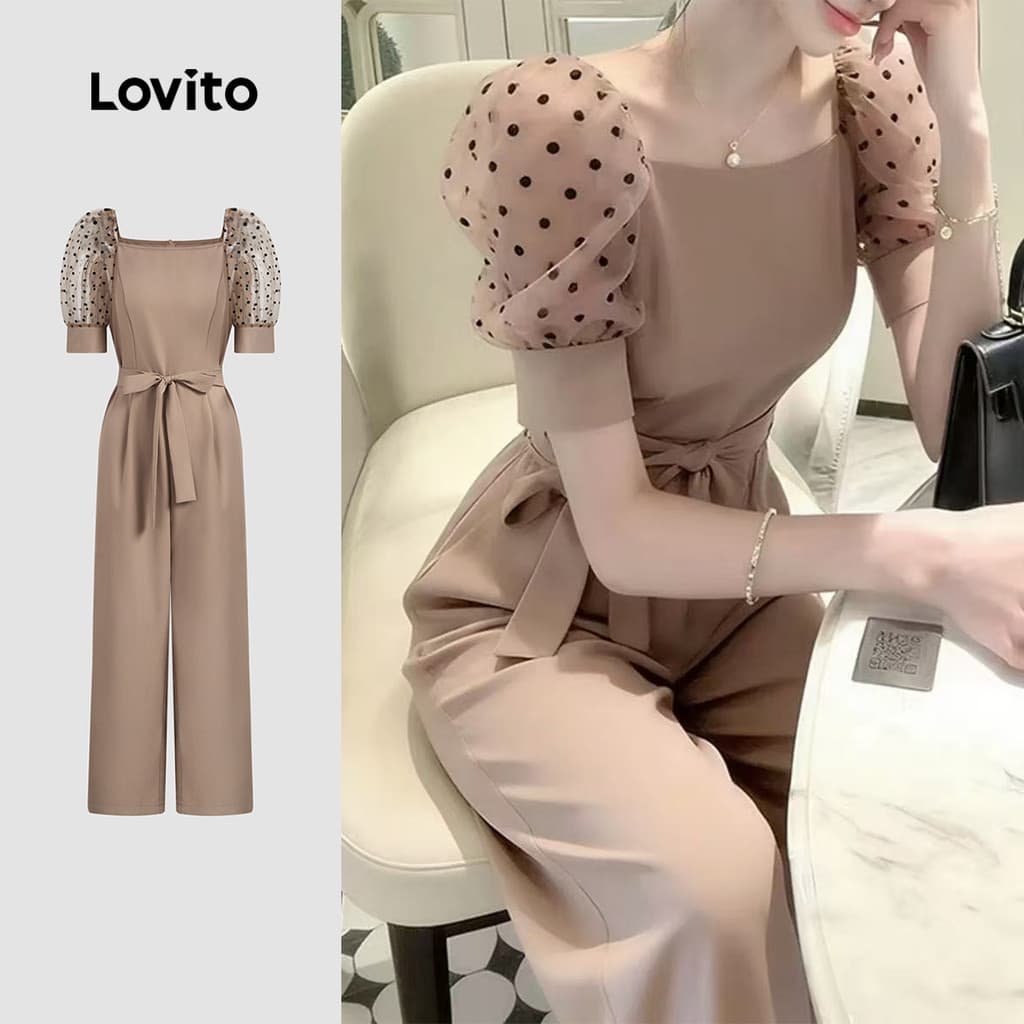 (New Arrival) Lovito Macacão Elegante com Cinto e Malha Contraste Na Cor Caqui para Mulheres primavera/verão L195ED275
