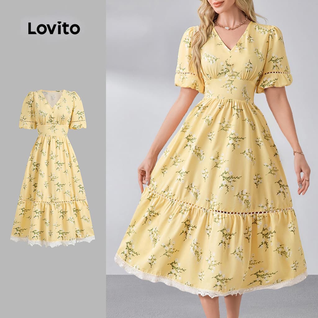 (Elegante)Lovito Vestido Midi Amarelo Elegante Estilo Coreano Com Estampa Floral Manga Curta Decote Em V Babados Zíper Cintura Alta E Modelagem Evasê Para Primavera/verão Para Mulheres LR13L170