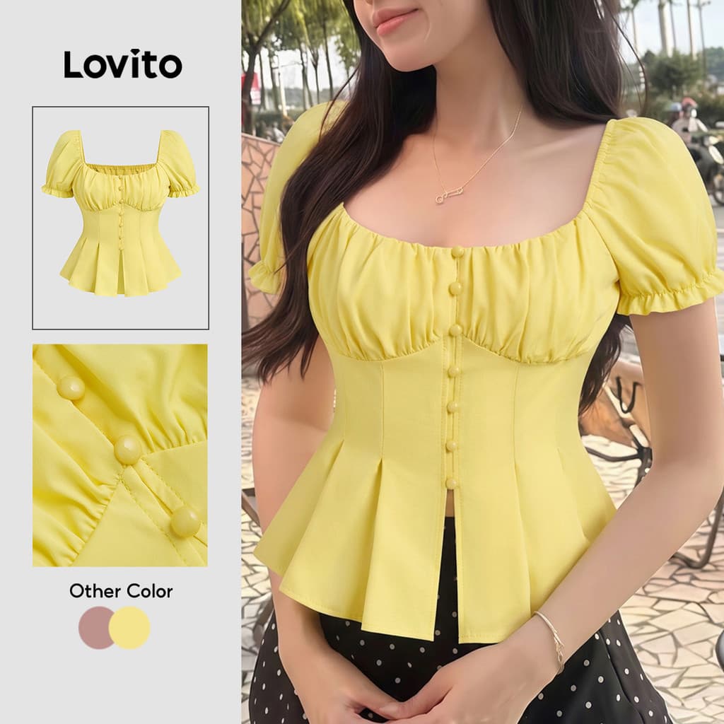 (New Arrival) Lovito Blusa Casual Plissada com Botões Frontais Primavera/verão Amarela para mulheres LK7LD025