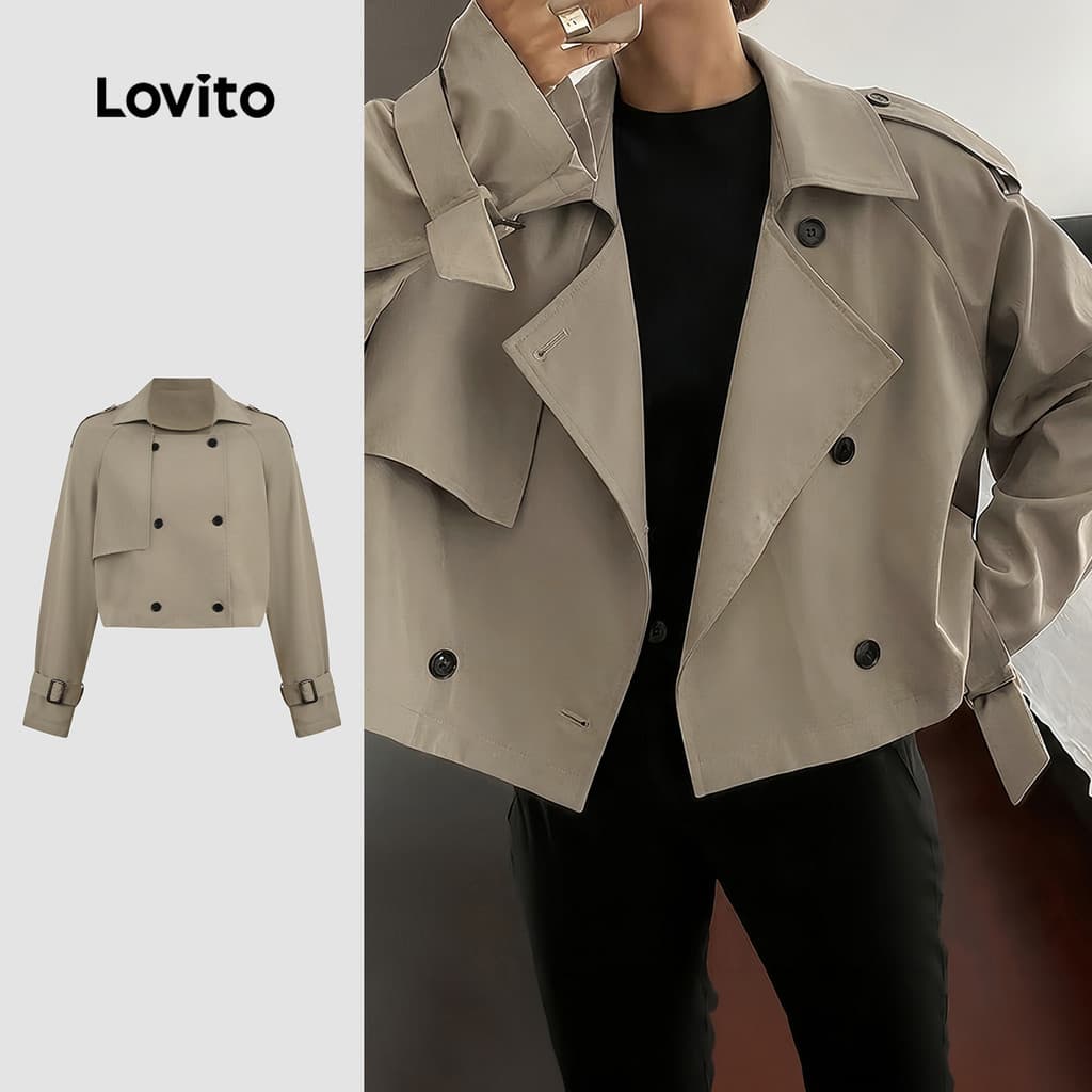 (New Arrival) Lovito Jaqueta Elegante com Botão Outono/inverno Cáqui Feminina LK7LD166