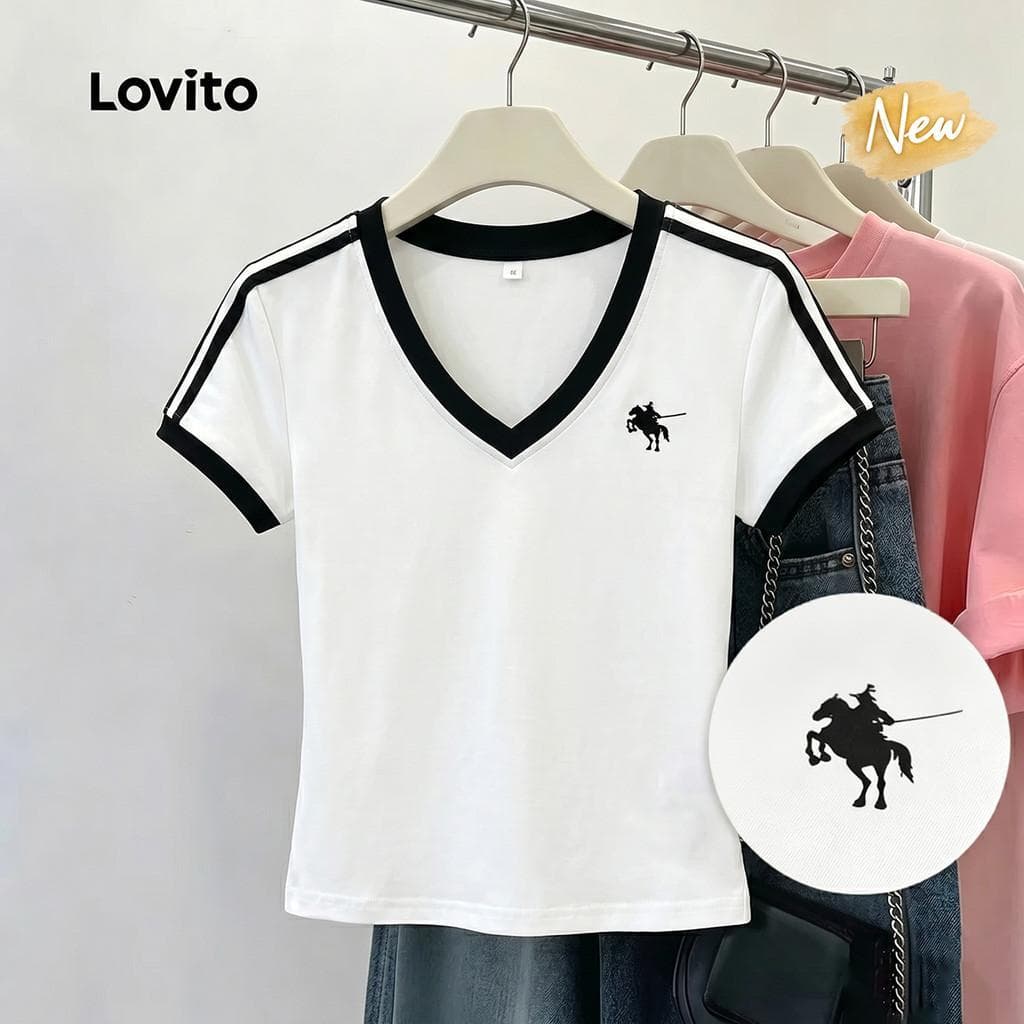 (New Arrival) Lovito Camiseta Casual Branca com Blocos de Cor para a Primavera/verão para mulheres TSB198P1D375