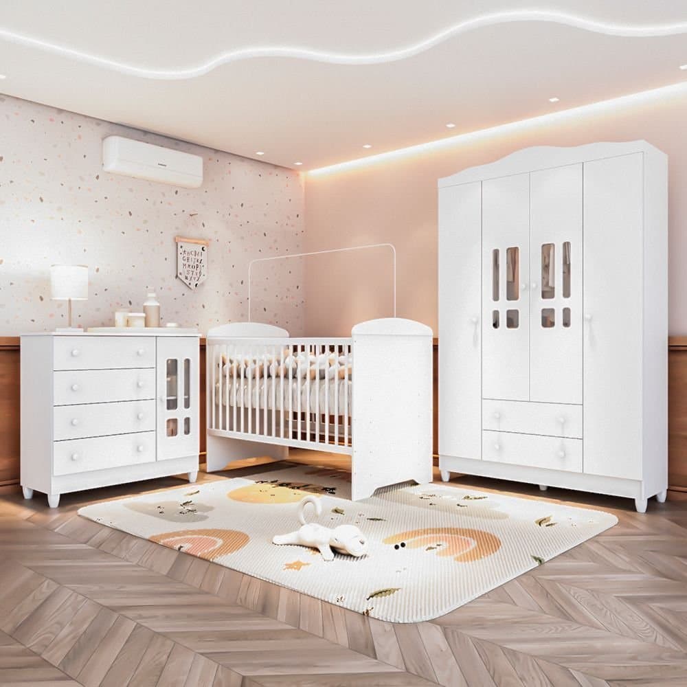 Quarto Bebê Completo Berço 3EM1 Eloá Guarda Roupa 4 Portas Cômoda 4 Gavetas 1 Porta MDF Branco Branco