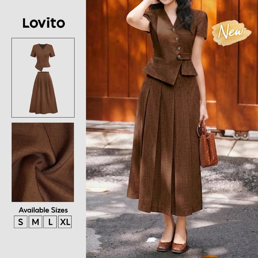 (New Arrival) Lovito Tops ou Bottoms Casuais com Pregas Irregulares e Botão Marrom Primavera/verão para Mulheres KSB38BR090
