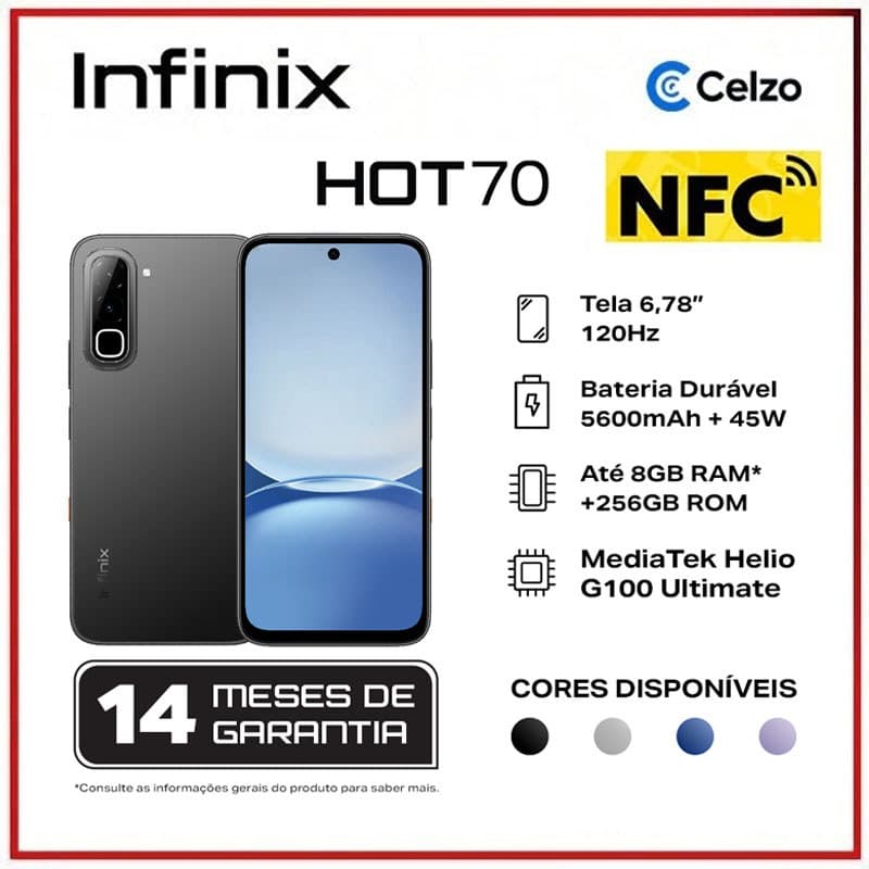 Smartphone Infinix HOT 70 4G 256GB 8GB RAM Tela 6.78” 120Hz Dimensity 7050 Bateria 6000mAh Android 16 NFC -Preto