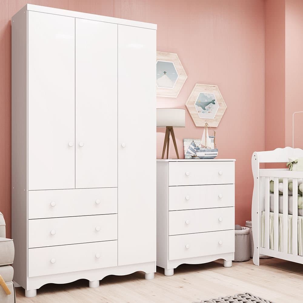 Quarto Infantil com Guarda-Roupa 3 Portas e Cômoda 4 Gavetas 100% MDF Mimo Espresso Móveis Branco/Br Branco Brilho
