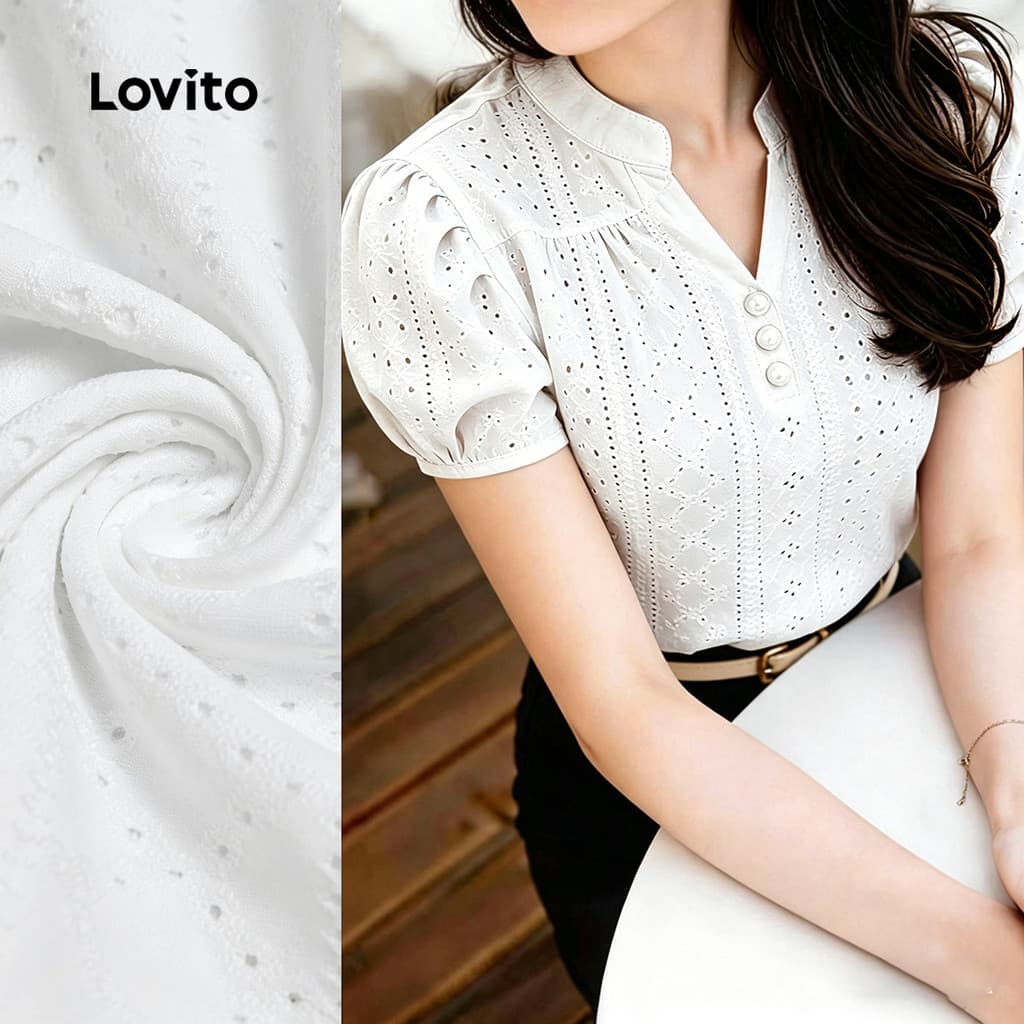 (New Arrival) Lovito Blusa Casual com Botão Jacquard Plissada Blusa Branca de Primavera/verão para Mulheres L196ED605