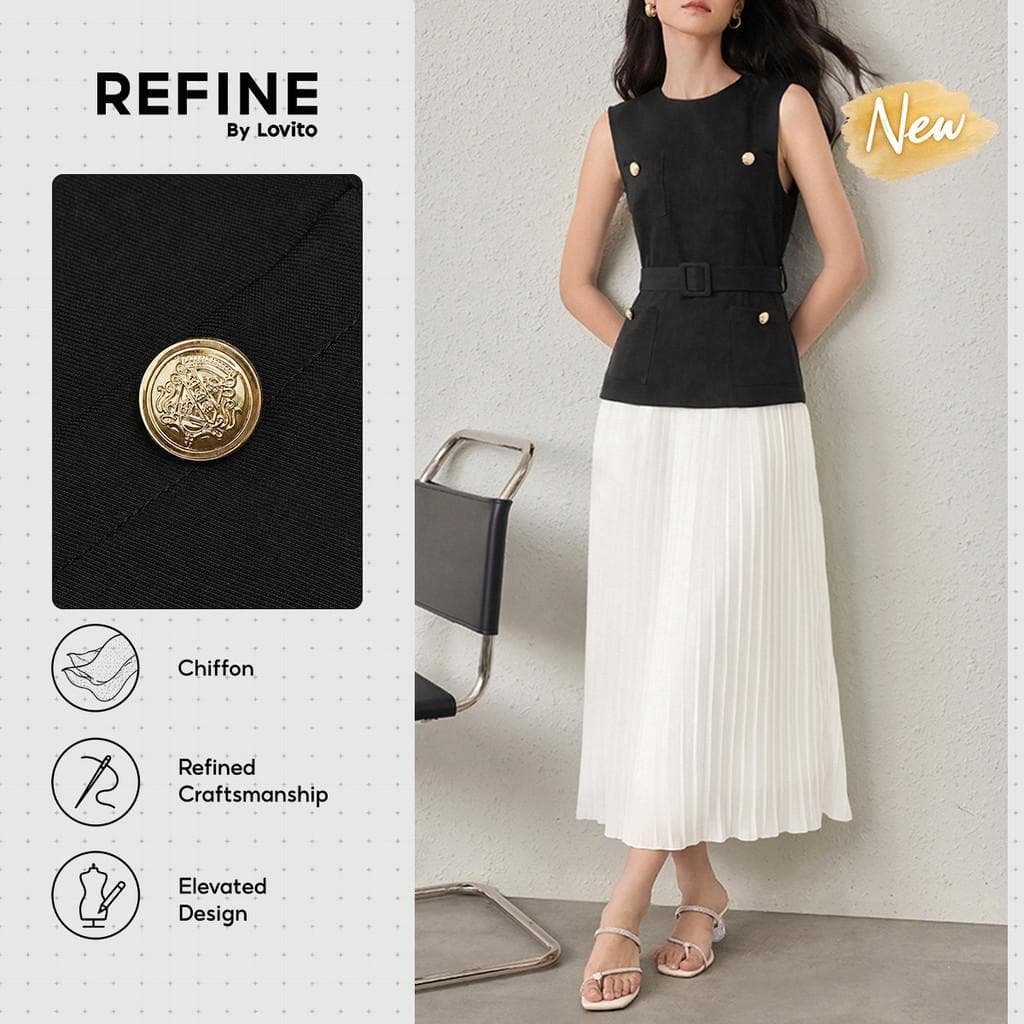 (New Arrival) (Refine by Lovito)Vestido Social Chiffon Falso Duas Peças Com Bolso Feminino Primavera/Verão DRR42P1D047
