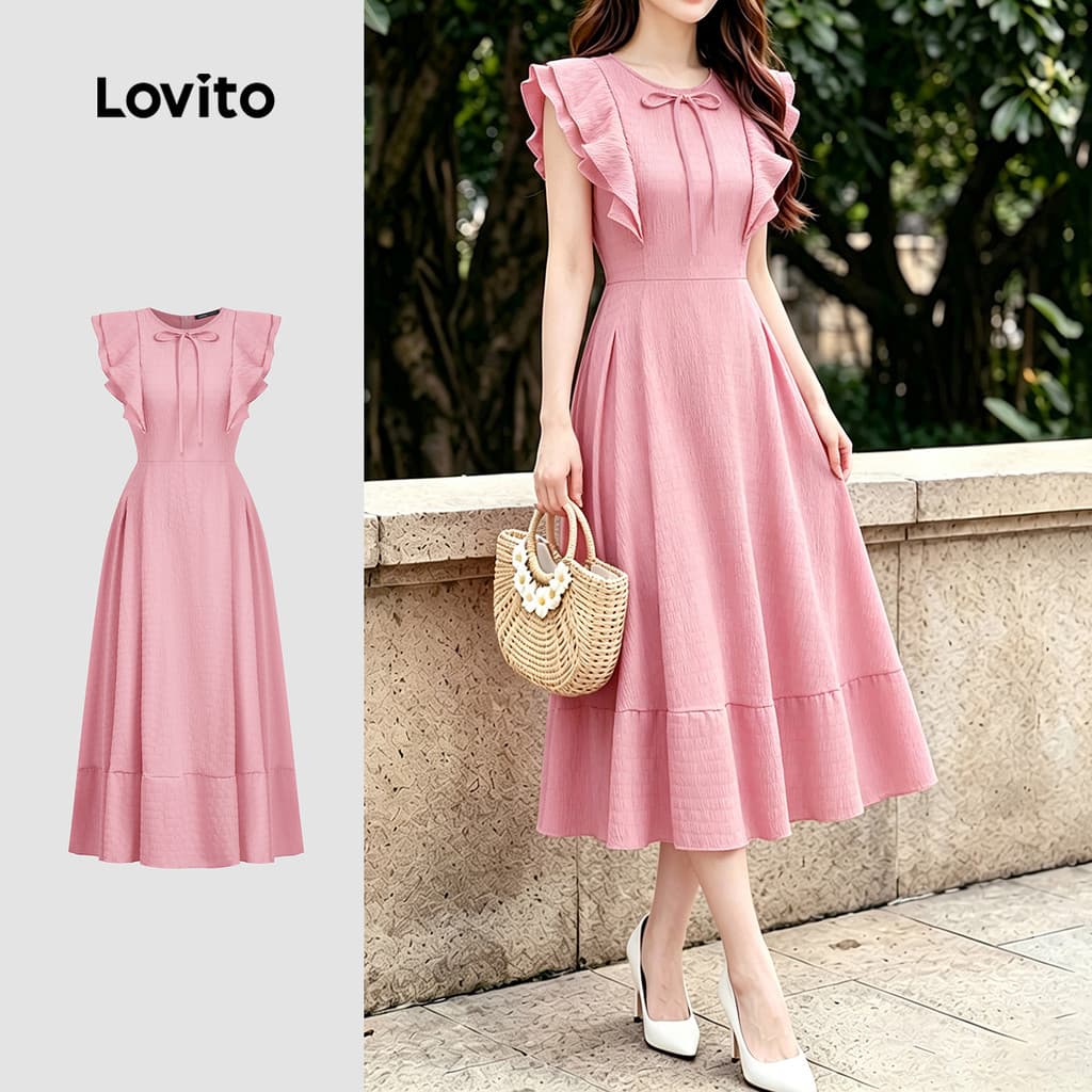 (New Arrival) Lovito Vestido Feminino Elegante Com Pregas E Zíper Rosa Para Primavera/verão LK7ED480