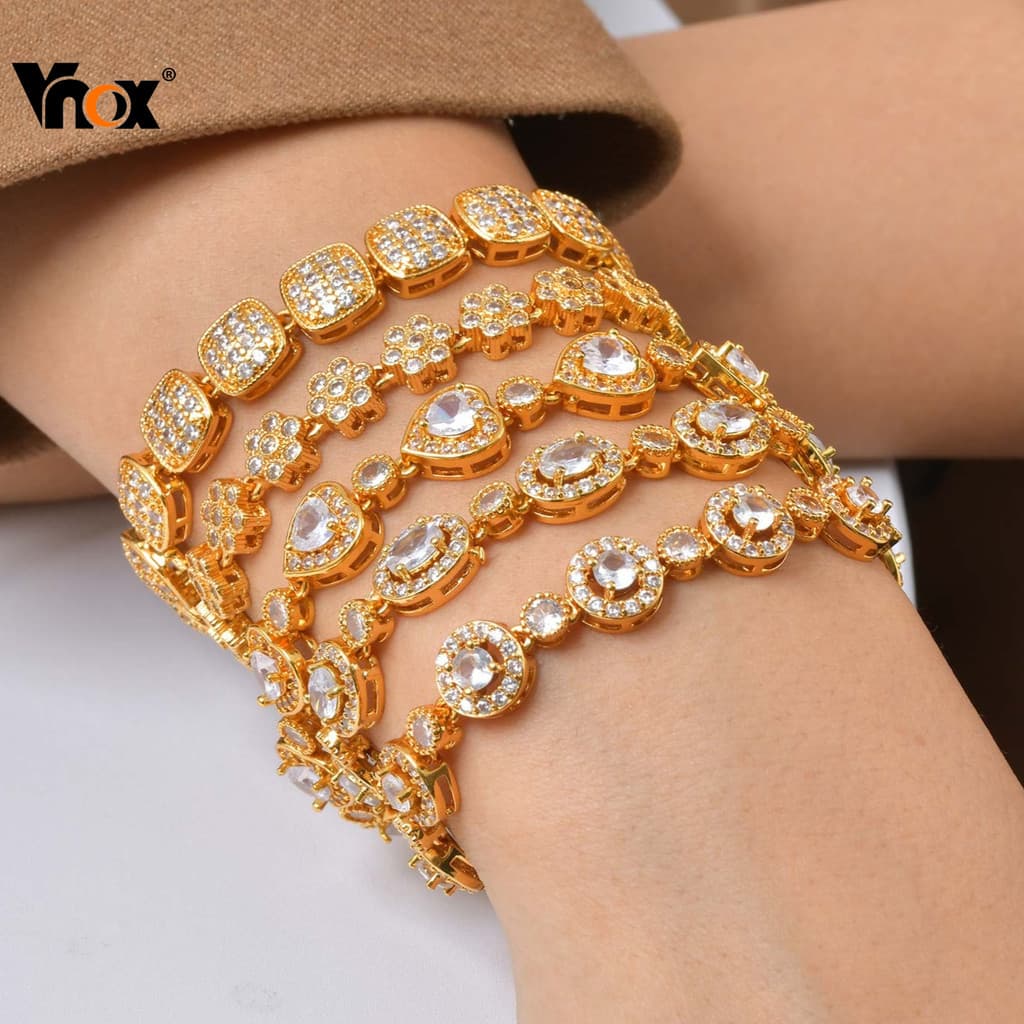 Pulseira De Corrente De Elo Cúbico Vnox Flower Heart Zircon Para Mulheres Em Aço Inoxidável Sem Desbotamento E Hipoalerg