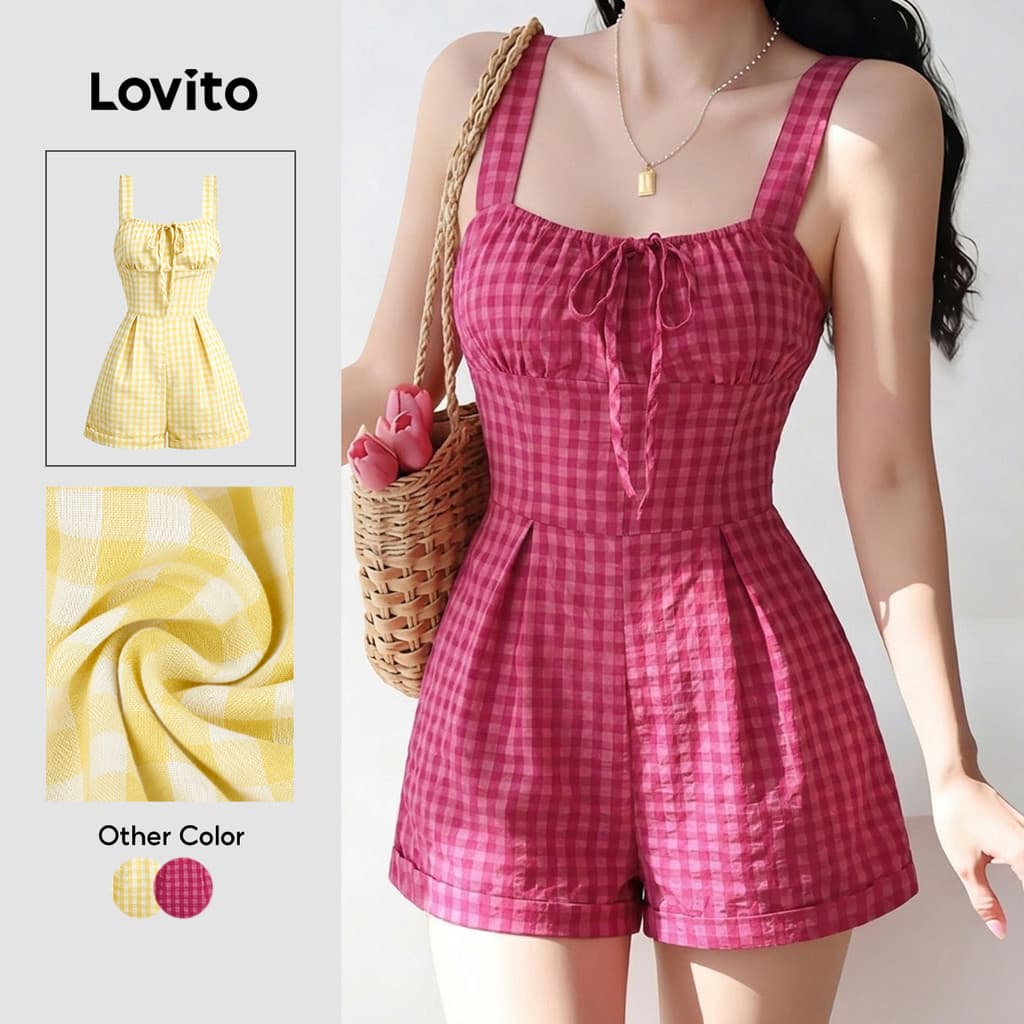 Lovito Macacão Casual com Laço Macacão Rosa Primavera/verão para mulheres L184ED262