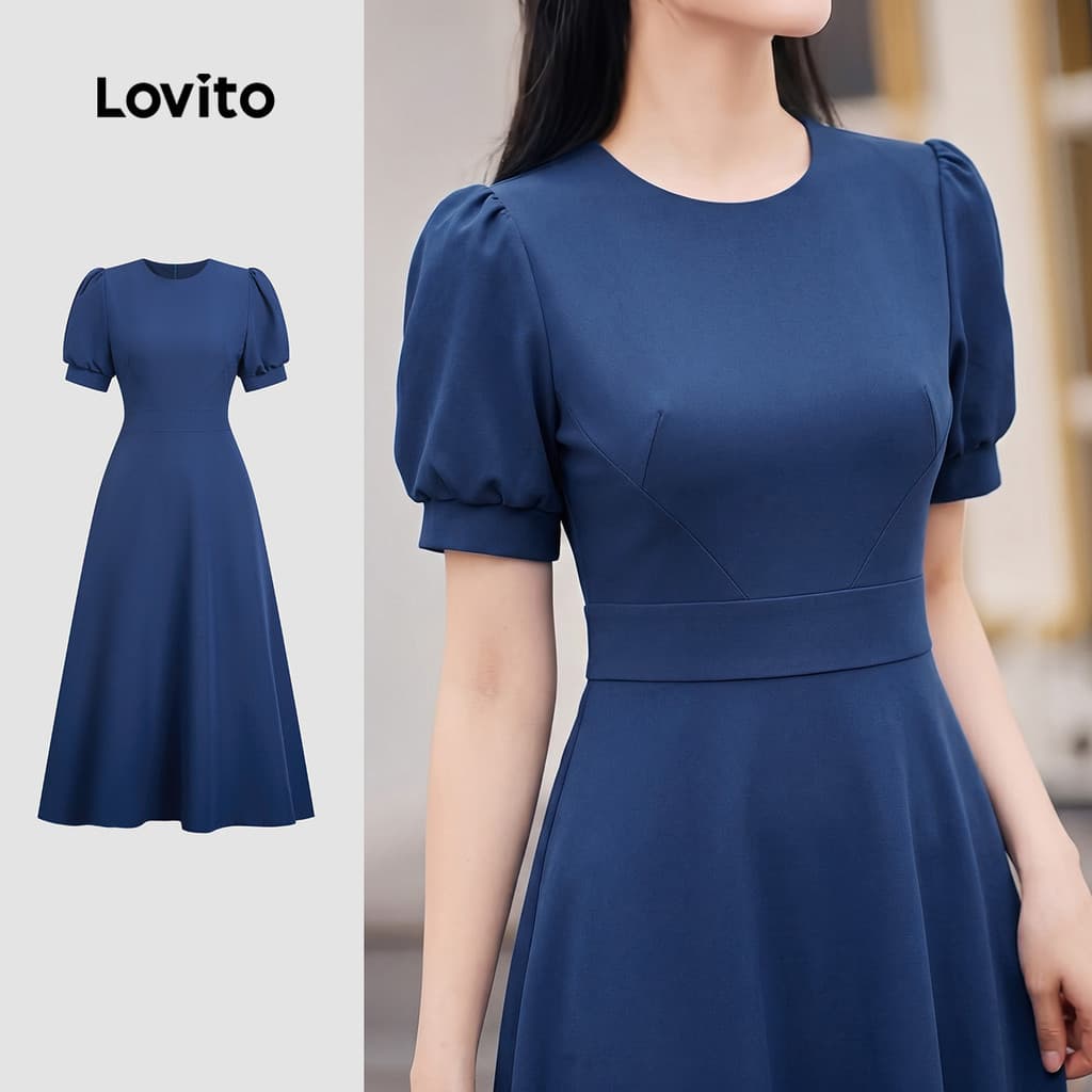 Lovito Vestido Azul-Marinho Feminino, Elegante, Básico, Primavera/Verão LK5ED1537