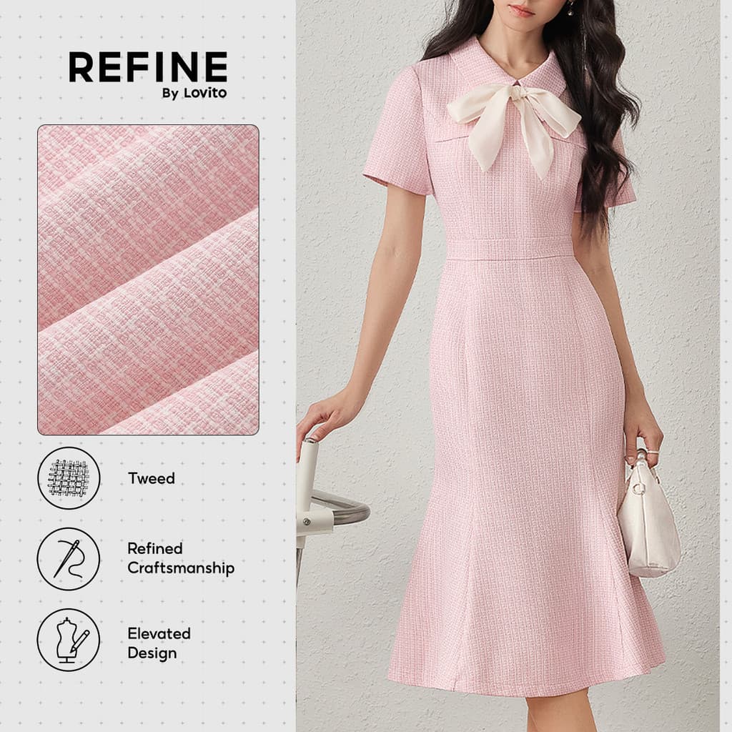 (New Arrival) (Refine by Lovito)Vestido Social Tweed Amarração Frontal Linha Rosa Feminino Primavera/Verão DRR42P1D055