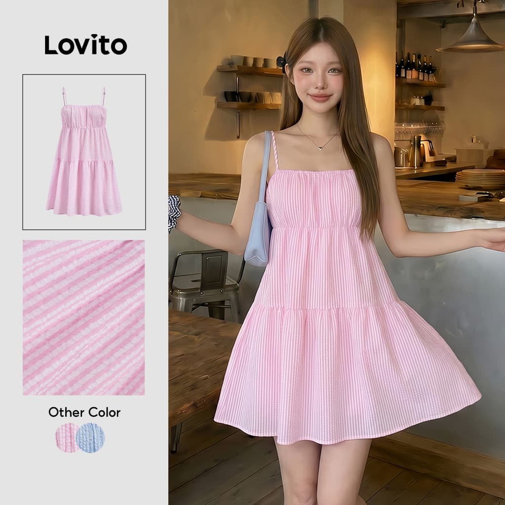 Lovito Listrada Casual Vestido Rosa Clássico Versátil Dia Primavera/verão Usar No Trabalho Para Mulheres L151AD048