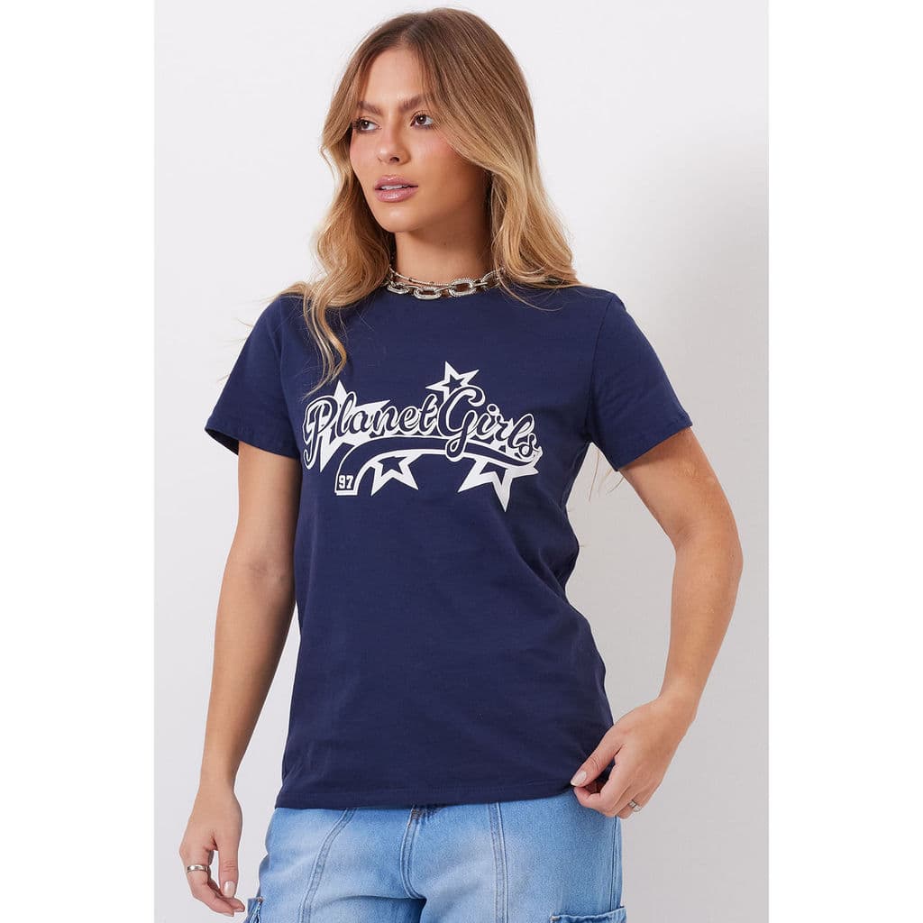 T-Shirt Feminina Estampada Planet Girls Azul Escuro
