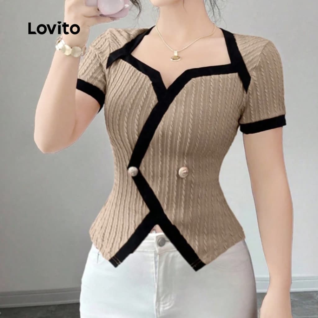 Lovito Elegante Camiseta De Primavera/verão Com Blocos De Cores E Botões Cor Cáqui Para Mulheres LK3AD1151