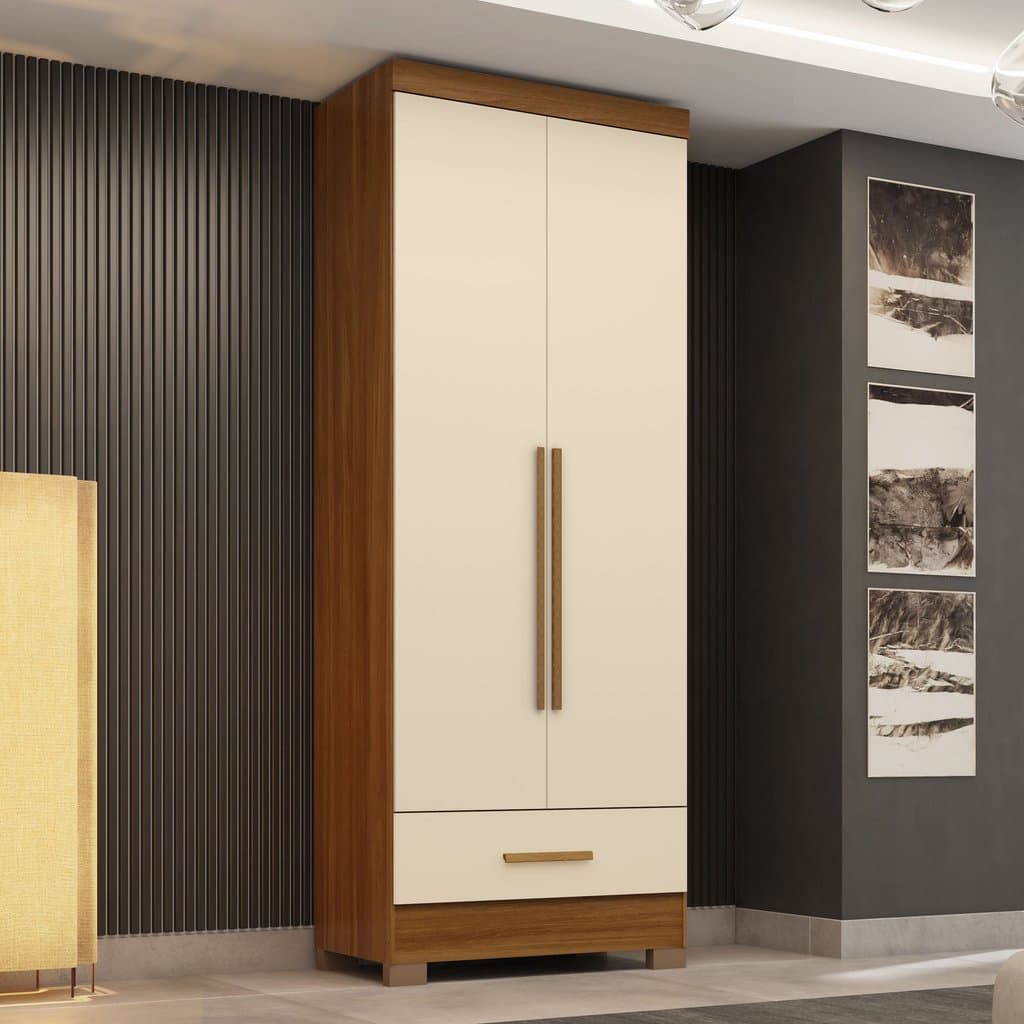 Guarda Roupa 100% MDF 2 Portas 1 Gaveta Smart Plus Espresso Móveis Bege/Cinamomo/Offwhite Cinamomo/Off White