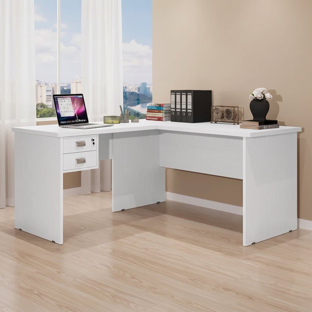Escrivaninha Mesa Escritório em L Thor 2 Gavetas 150cm Espresso Móveis Branca Branco