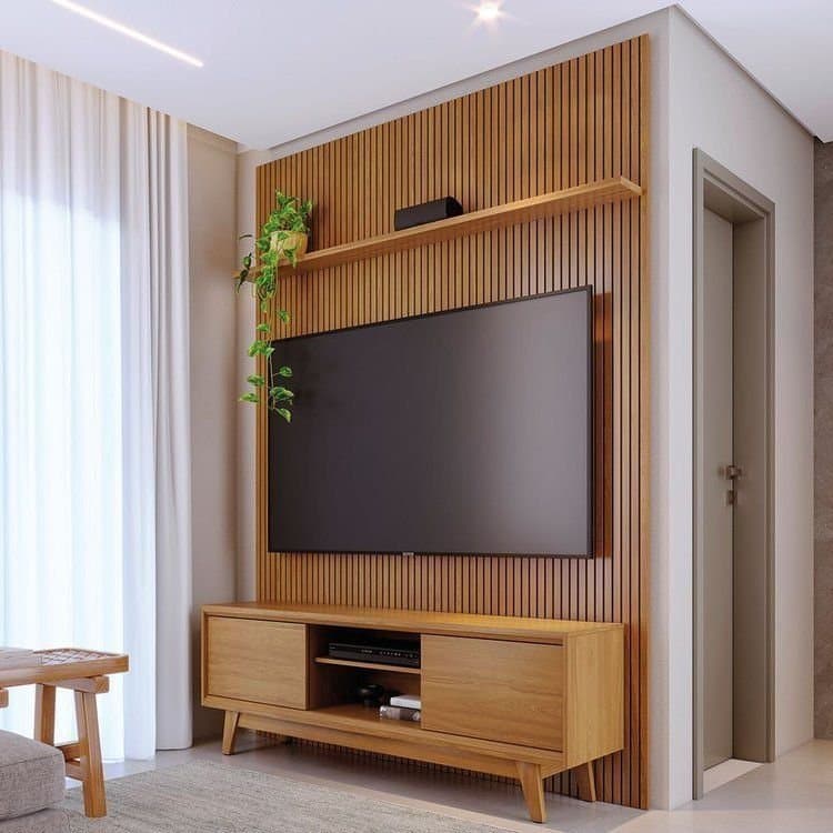 Rack com Painel Ripado para TV até 65 Polegadas MDF 179CMX244CM Frisado Milo Marrom Cumaru