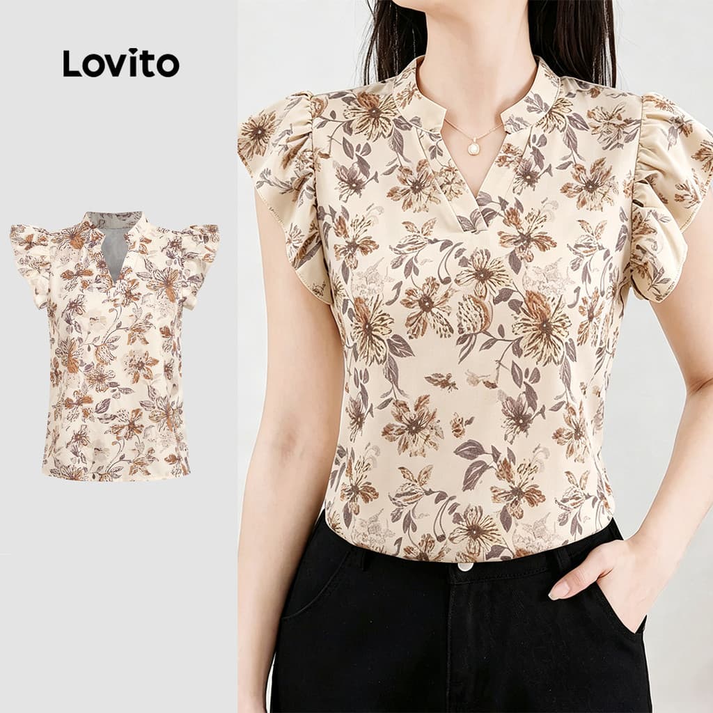 (New Arrival) Lovito Blusa Casual com Babados e Flores para a Primavera/Verão L195AD300