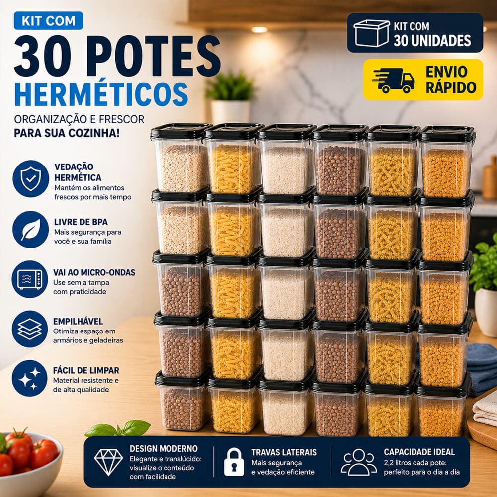 Kit com 30 Potes Herméticos Marmita 500Ml 850Ml 2,2L Com Travas Laterais - Livre de BPA Alimentos