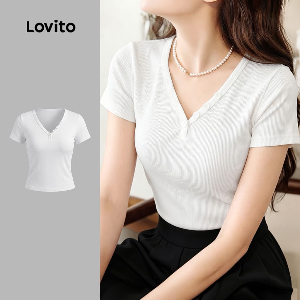 (New Arrival) Lovito Camiseta Casual com Botões Estilo Versátil Primavera/verão Branca para Mulheres LK7ED973