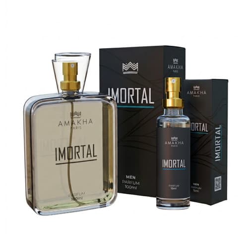Kit Perfumado Imortal: Perfume 15ml + 100ml Amakha Paris | Amadeirado Aquático Social Dia e Noite