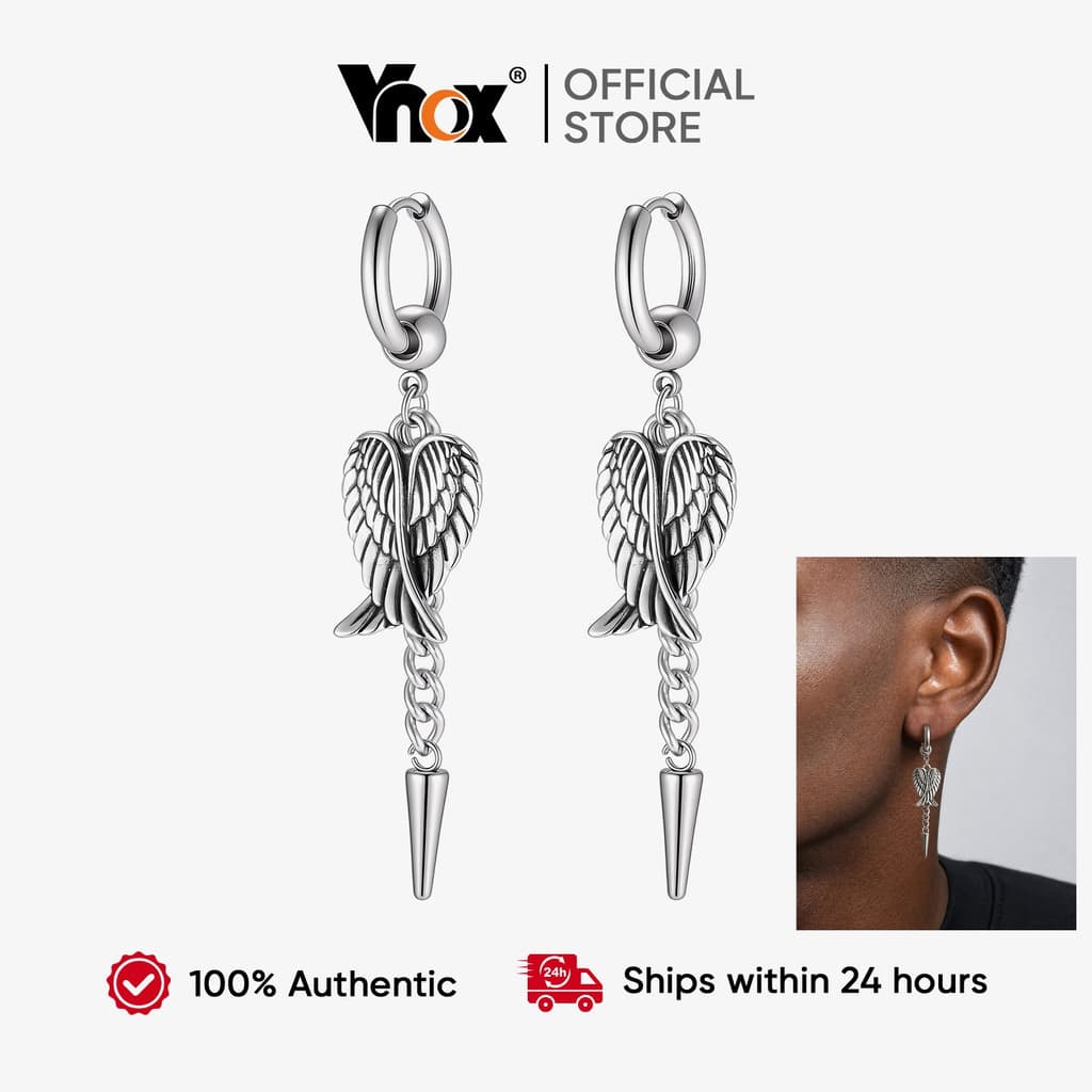 Vnox Masculino Vintage Anjo Asa Gota Brincos De Argola À Prova Dwaterproof Água Anti Manchar Aço Inoxidável Punk Orelha